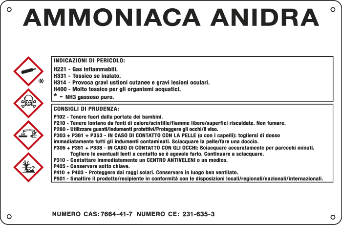 35B610 - cartello sostanze pericolose simbologia CLP " AMMONIACA ANIDRA "