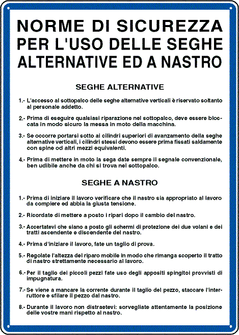 [3622] 3622 - Cartello NORME USO SEGHE ALTERN. E A NASTRO
