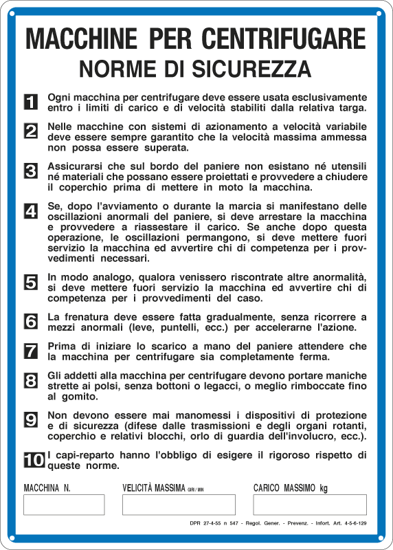 [3711] 3711 - Cartello NORME MACCHINE PER CENTRIFUGARE
