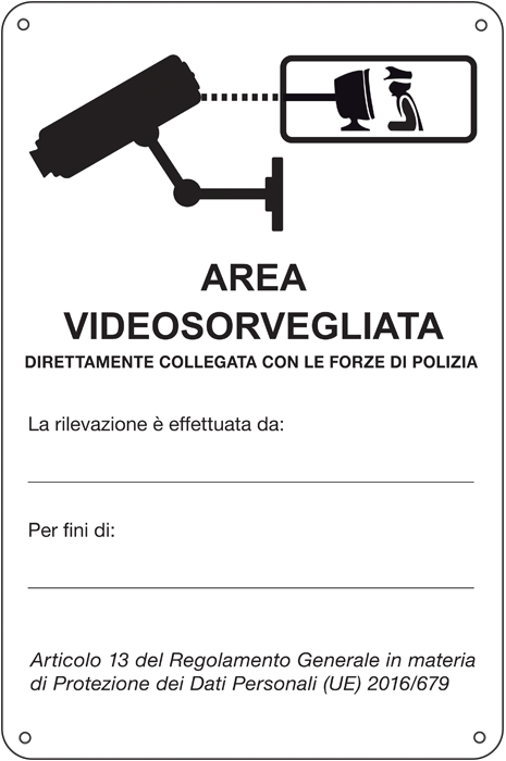 [27398] 27398 - cartello alluminio AREA VIDEOSORVEGLIATA (D.LGS. n.101 del 10/08/2018)