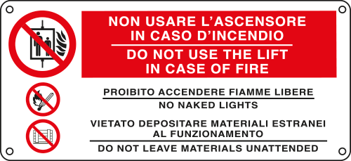 [E16140W] E16140W - Cartello divieto in caso incendio..3simboli UNI ISO 7010