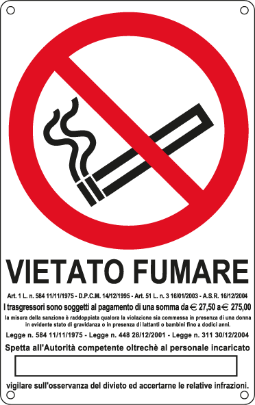 [E630105W] E630105W - Cartello divieto fumare L.311 30/12/04+euro EN ISO 7010