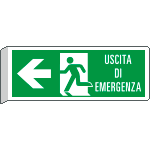 [E720101BK] E720101BK - Cartello BIFACCIALE uscita emergenza a sinistra c scritta EN ISO 7010