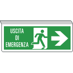 [E720102SW] E720102SW - Cartello SOSPESO bifacciale uscita emergenza freccia dx EN ISO 7010