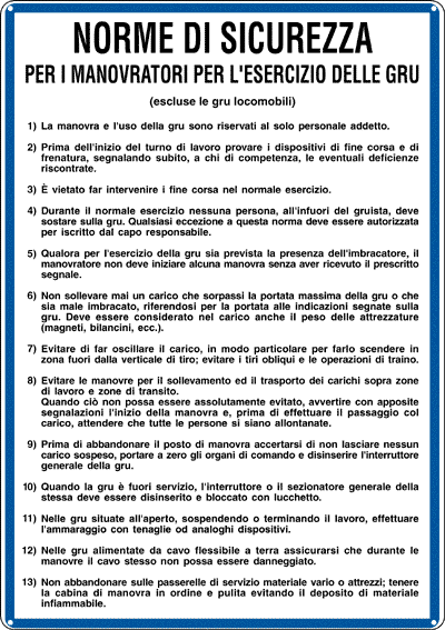 3603 - Cartello NORME PER MANOVRATORI GRU