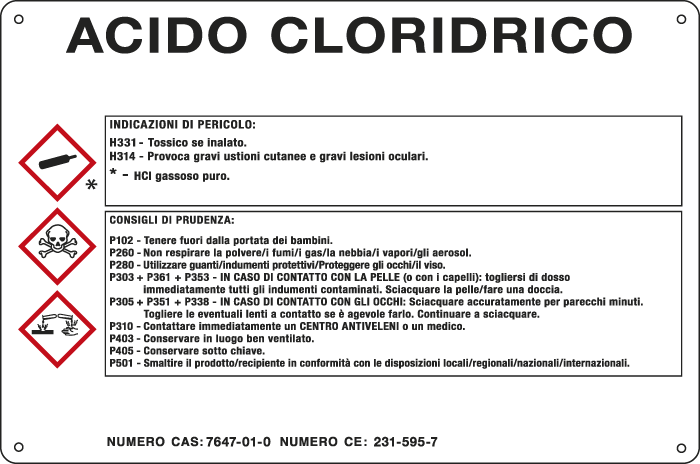 35B590 - cartello sostanze pericolose simbologia CLP " ACIDO CLORIDRICO "