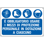 E2654 - Cartello obbligo Usare imbracature scarpe guanti elmetti EN ISO 7010