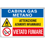 E3566 - Cartello multisimbolo CABINA GAS METANO attenzione altam.. EN ISO 7010