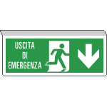E720104SW - Cartello SOSPESO bifacciale uscita emergenza freccia indietro ISO 7010