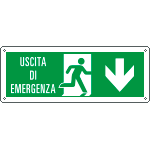 E720104WS - etichetta uscita di emergenza freccia indietro con scritta EN ISO 7010