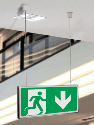 SEME715104SN - segnale METAL sospesa bifacciale Uscita Emergenza dietro EN ISO 7010