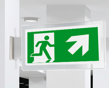 SEPE715106BR - targa PLexiglass bifacc.uscita di emergenza ds alto EN ISO 7010 E002