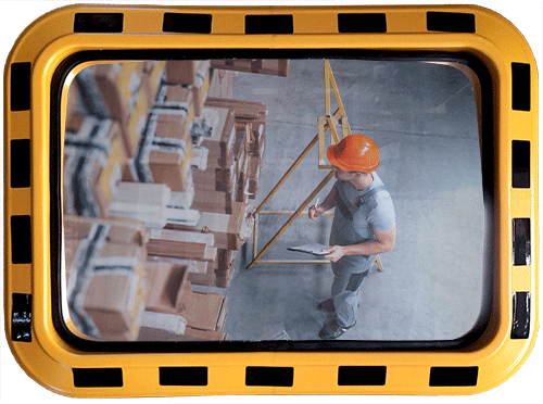 SP044 - specchio industriale rettangolare cornice giallo/nera cm 60x40