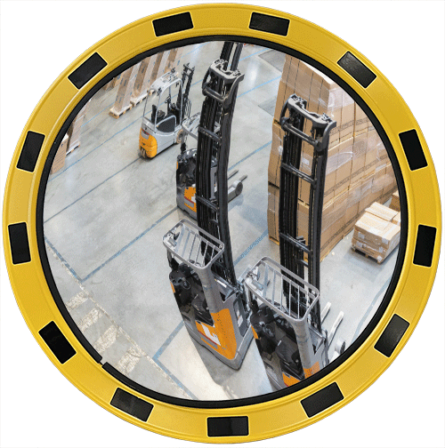 [SP045] SP045 - specchio industriale rotondo cornice giallo/nera diametro cm 60