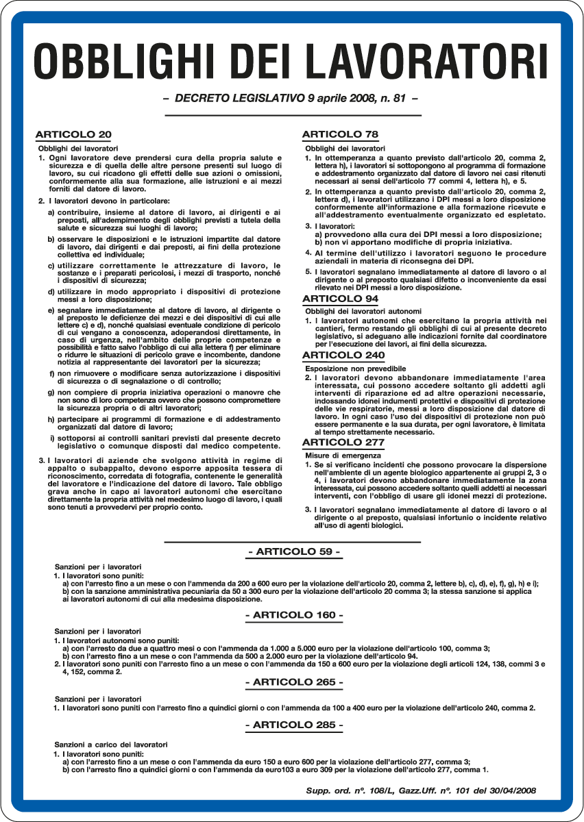 [3659] 3659 - Cartello OBBLIGHI DEI lavoratori D.Lgs. 81/08