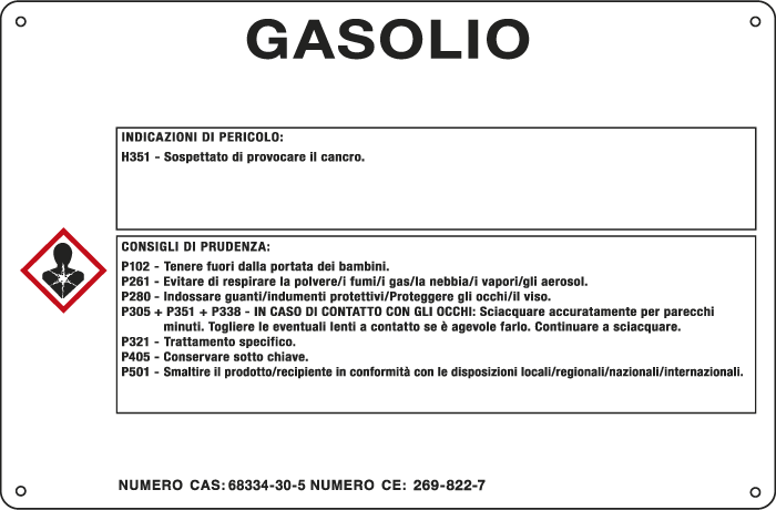 [35B570] 35B570 - cartello sostanze pericolose simbologia CLP " GASOLIO "