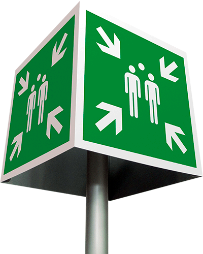 [CUE15180] CUE15180 - Cartello quadrifacciale in allum.con staffa x palo mm60:p.di raccolta