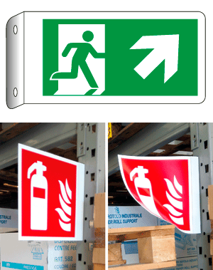 [E715106BFLK] E715106BFLK - Cartello bifacciale flessibile uscita alto destra EN ISO 7010