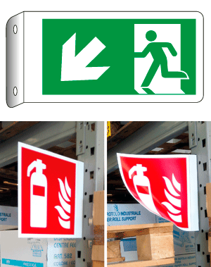 [E715107BFLK] E715107BFLK - Cartello bifacciale flessibile uscita basso sinistra EN ISO 7010