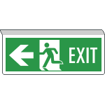 [E720201SW] E720201SW - Cartello SOSPESO bifacciale uscita emergenza  freccia sx EN ISO 7010